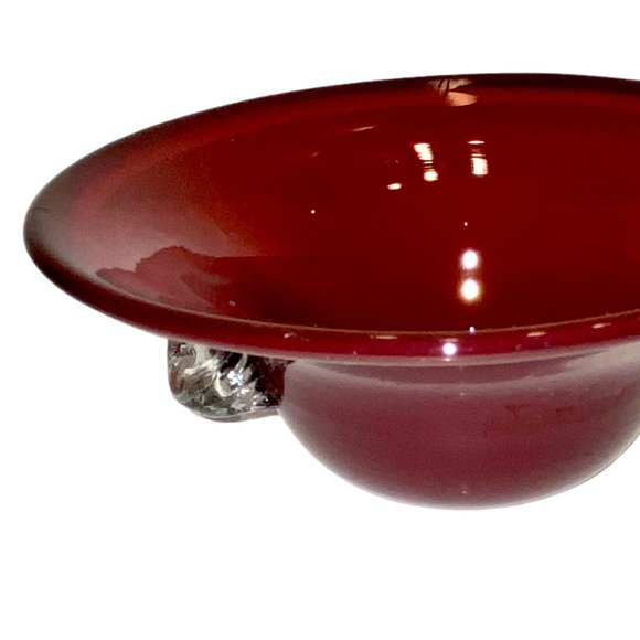 Blown Art Glass Bowl Dish Studio Signed Rust Burgundy Round Clear Handle - Picture 3 of 7